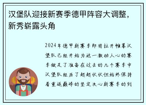 汉堡队迎接新赛季德甲阵容大调整，新秀崭露头角