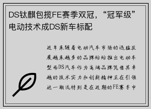 DS钛麒包揽FE赛季双冠，“冠军级”电动技术成DS新车标配