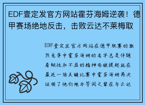 EDF壹定发官方网站霍芬海姆逆袭！德甲赛场绝地反击，击败云达不莱梅取得胜利 - 副本