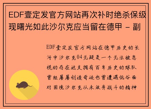 EDF壹定发官方网站再次补时绝杀保级现曙光如此沙尔克应当留在德甲 - 副本