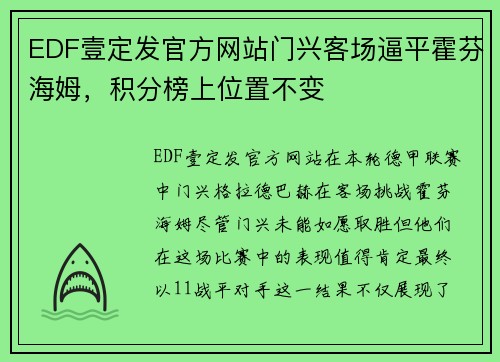 EDF壹定发官方网站门兴客场逼平霍芬海姆，积分榜上位置不变